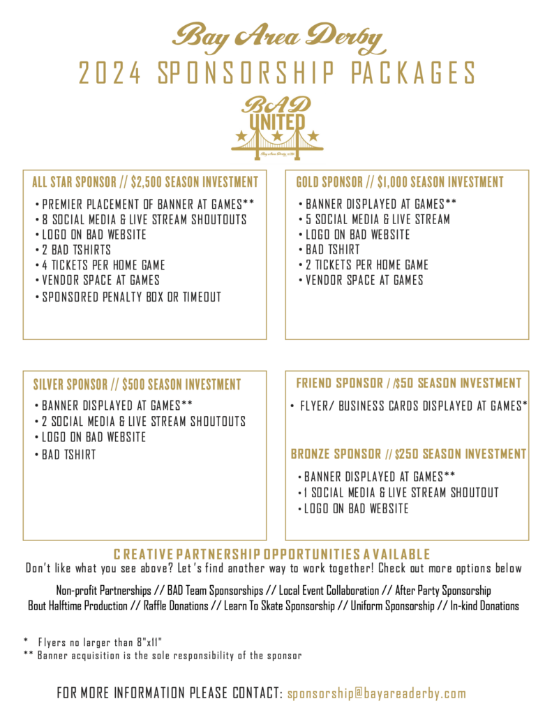 A poster displays information on four different sponsorship packages available, costing $50-2500 per season and with various benefits provided ranging from displaying flyers/business cards at games to premier placement of a banner at games. 