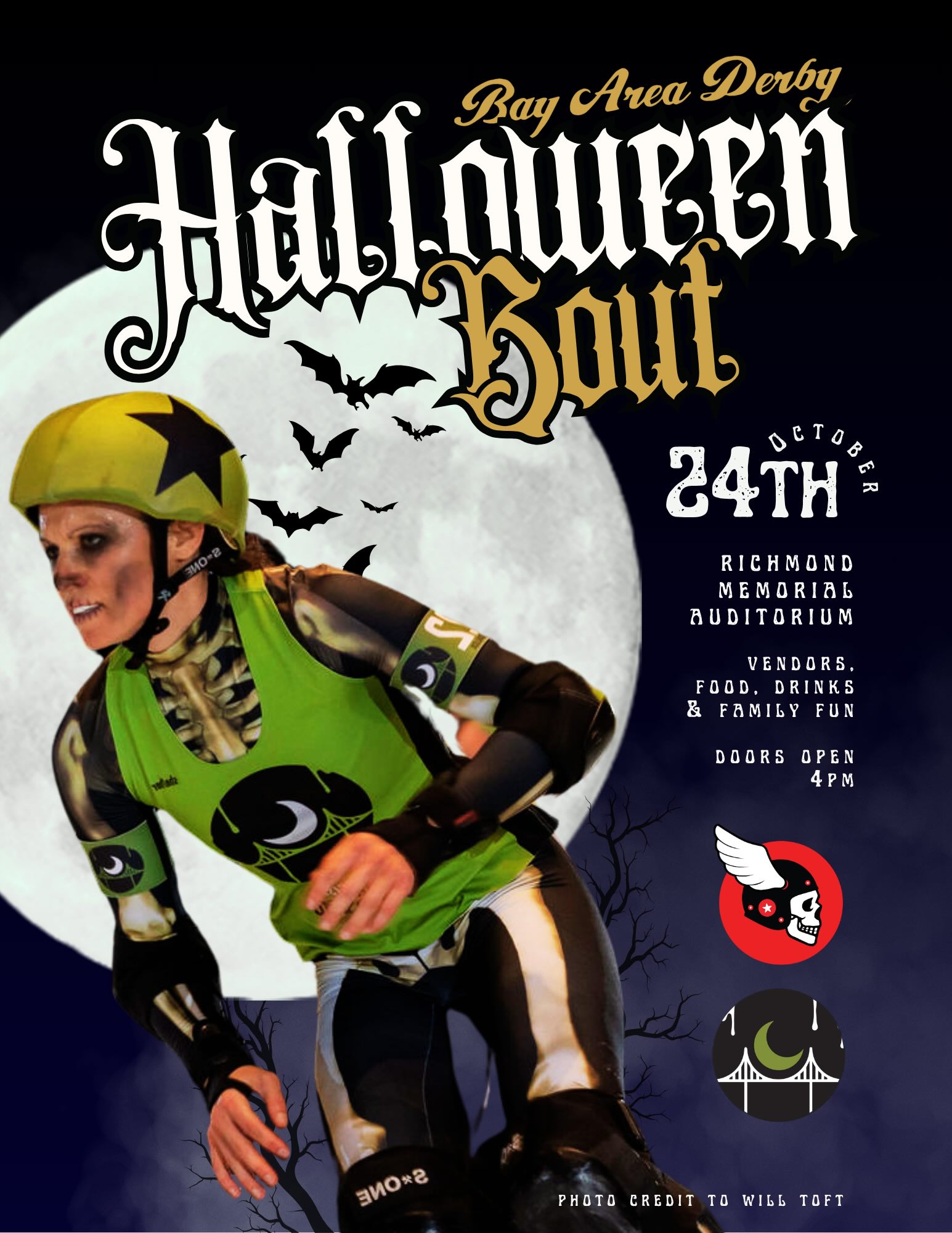 Poster for the Halloween Bout. The poster has a background image of a SF Rolling Dead jammer with skeleton makeup wearing a skeleton suit beneath their jersey. The jammer is skating in front of a full moon with bats flying across it. The poster text is included in the event description.