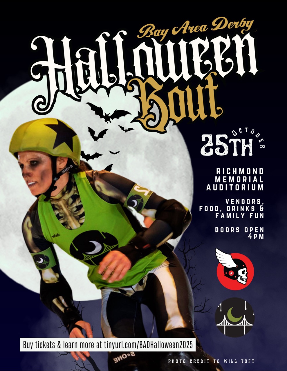 Poster for the Halloween Bout. The poster has a background image of a SF Rolling Dead jammer with skeleton makeup wearing a skeleton suit beneath their jersey. The jammer is skating in front of a full moon with bats flying across it. The poster text is included in the event description.