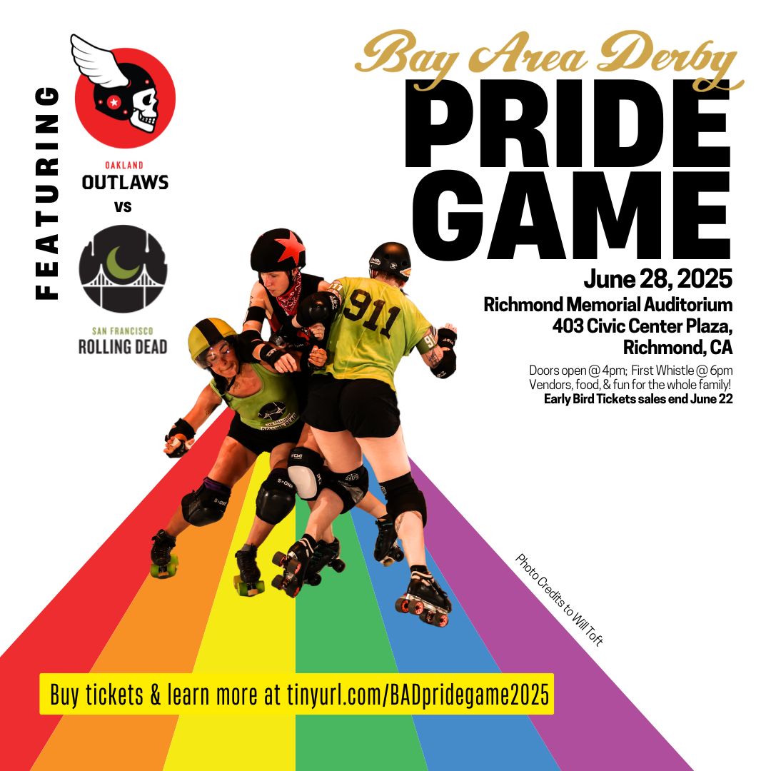 Flyer for BAD Pride Game with image of a jammer trying to get past two blockers on a rainbow track