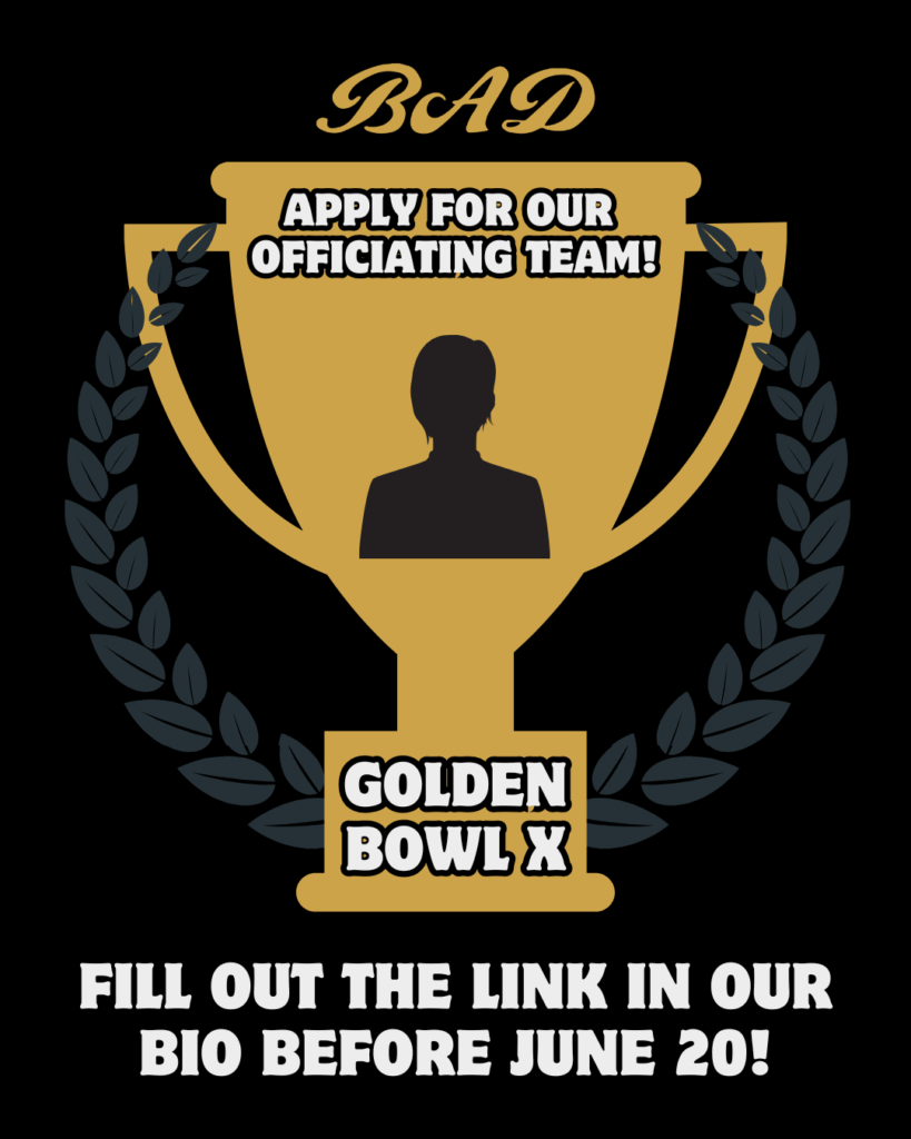Clip art of a golden trophy is super-imposed over a black background with a laurel wreath. Text reads, "Apply for our officiating team! Fill out the link in our bio before June 20!"