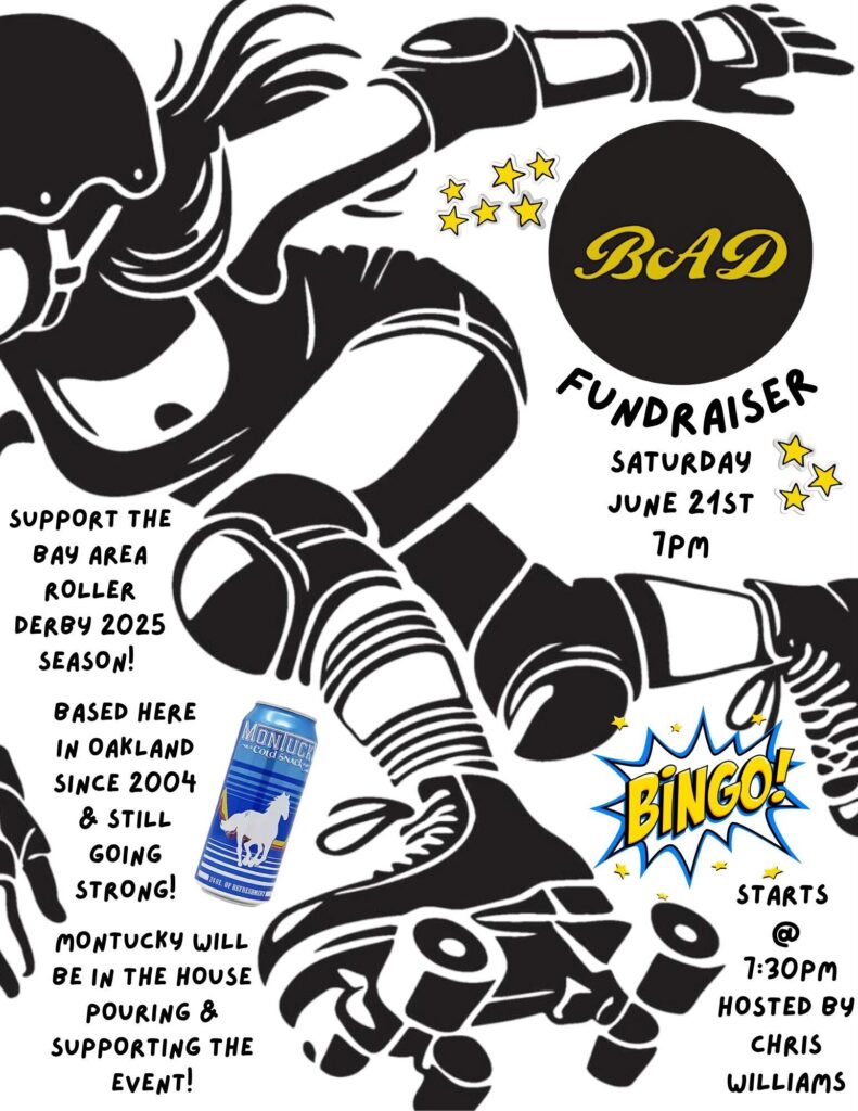 A black and white drawing of a skater bent over while speeding by is surrounded by details abut the fundraiser included in the text above.