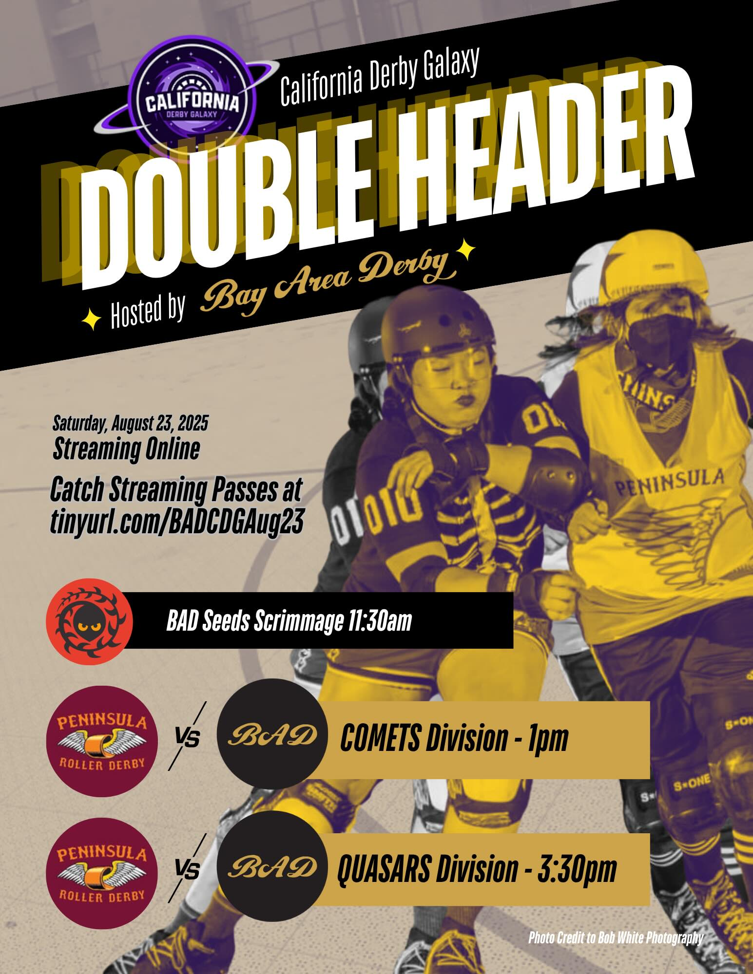 Event flyer with picture of two derby players from opposing teams pushing against each other. The photo has a purple and yellow filter. The flyer contains information also included in-text.