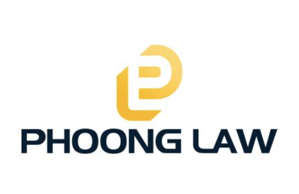 A white letter P with a gold outline over the words "Phoong Law"