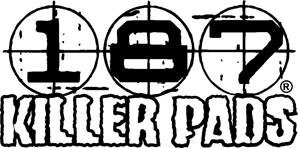 187 Killer Pads logo, featuring the numbers 187 in black, paint-style text over three black circles with crosses over them. Underneath are the words Killer Pads in all caps.