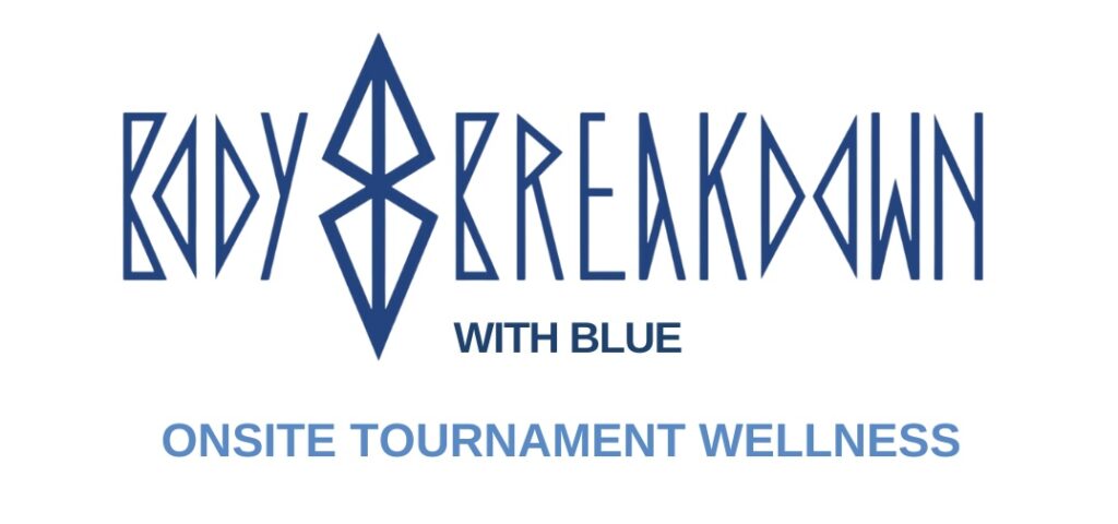 Body Breakdown logo, featuring the navy blue, all caps words Body Breakdown in an angular font. Between the words Body and Breakdown is a shape made up of navy blue lines. Underneath the words Body Breakdown are the words With Blue in smaller font. Underneath that are the teal, all caps words Onsite Tournament Wellness.