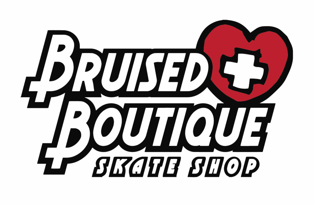 Bruised Boutique logo, featuring the all caps words Bruised Boutique Skate Shop next to the icon of a red heart with a medical cross in the middle.
