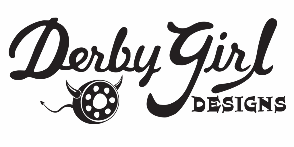 Derby Girl Designs logo, featuring the black cursive words Derby Girl over an icon of a skate bearing on a necklace. To the right of the bearing necklace is the all caps word Designs.
