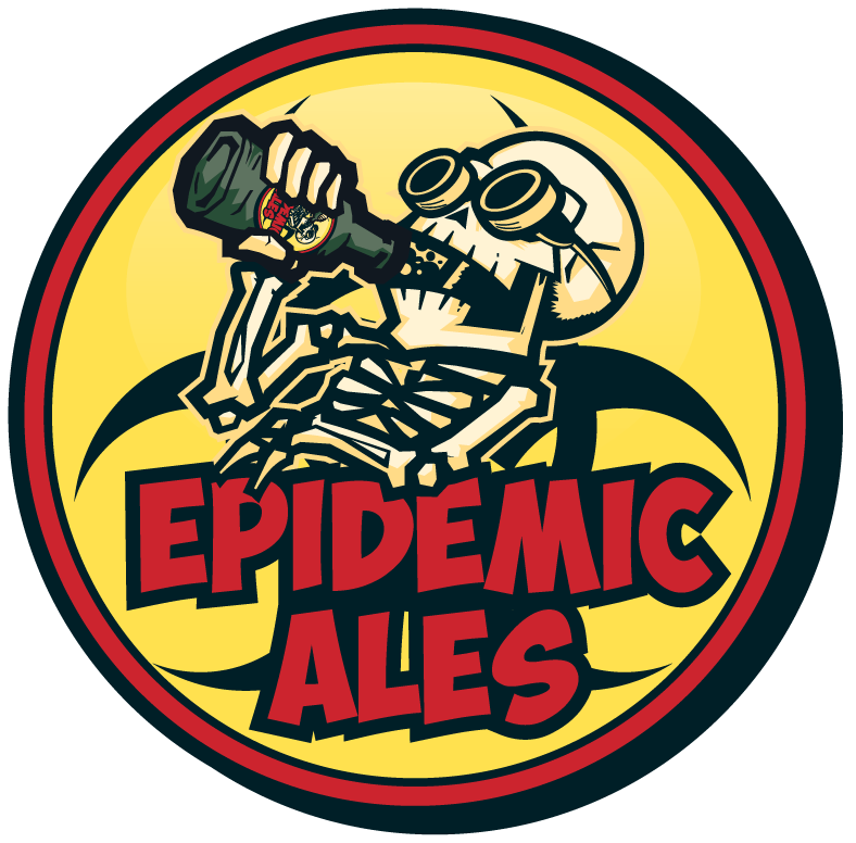 Epidemic Ales logo, featuring a yellow circle with a red outline. Superimposed on the circle is a drawing of a skeleton drinking a bottle of Epidemic Ales beer. Beneath the skeleton are the red, all-caps words Epidemic Ales.