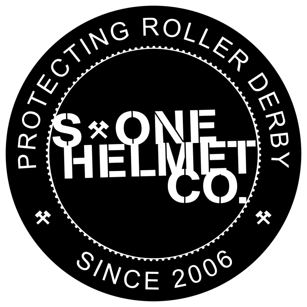 S One Helmet Co. logo, featuring a black circle with with all caps text reading S One Helmet Co. in the center. Between the S and the One is an icon of two crossed hammers. Around the edge of the circle are the all caps words Protecting Roller Derby Since 2006.