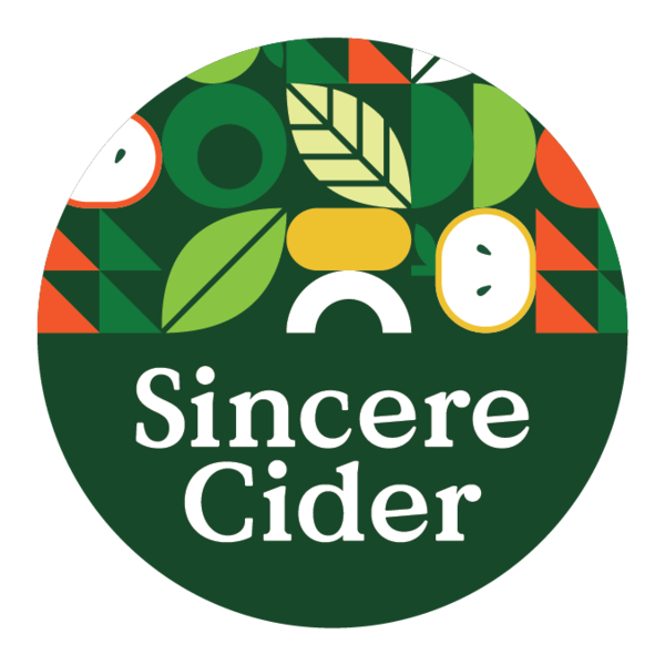 Sincere Cider logo, featuring a circle split in half horizontally. On the top half are brightly colored icons of leaves, sliced apples, triangles, and circles. On the bottom half is the words Sincere Cider in white font over a dark green background.