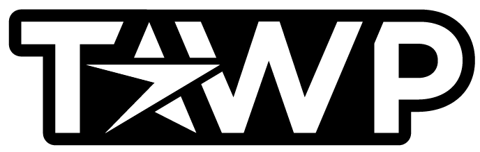 Tawp Sports logo, featuring the all caps word Tawp. The A in Tawp is a star shape that looks like a person running.