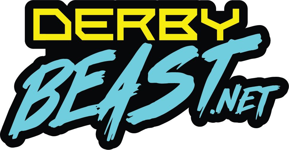 Derby Beast.net logo, featuring the yellow all caps word Derby over the teal all-caps words Beast.net. The words Beast.net are printed with a graffiti-style font.