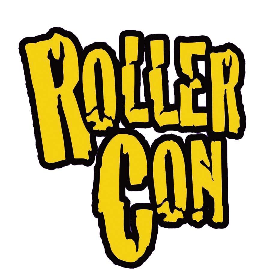 Roller Con logo, featuring the all-caps yellow words Roller Con in a block-style font that looks like cracked.