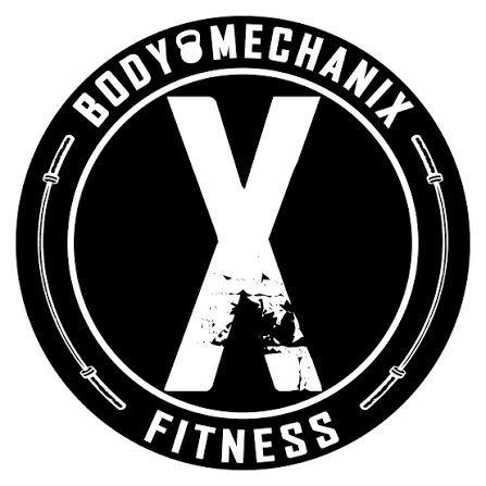 Body Mechanix Logo, featuring a black circle with a white X in the middle. Around the edge of the circle are the all caps words Body Mechanix Fitness. Between the words Body and Mechanix is an icon of a kettle bell.