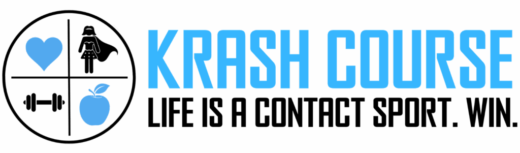 Krash Course logo, featuring the sky blue all caps words Krash Course over the black all-caps words, "Life is a contact sport. Win." To the left of the text is a black circle with sky blue and black icons of a heart, a long-haired person with a cape, a barbell, and an apple.