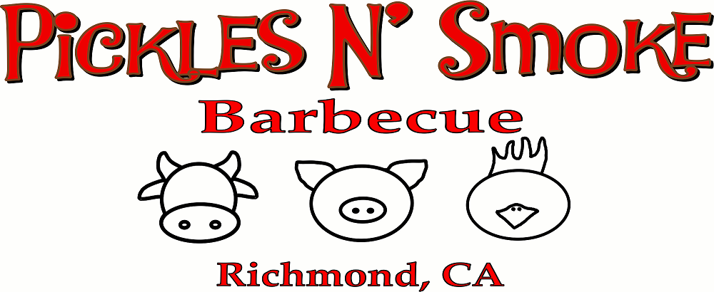 Pickles N' Smoke logo, featuring the red, all-caps words Pickles N' Smoke in a playful, uneven font over the word Barbecue in a red, typed font. Underneath that are simple line drawings of a cow head, a pig head, and a chicken head. Beneath that are the words Richmond, CA in a red, typed font.