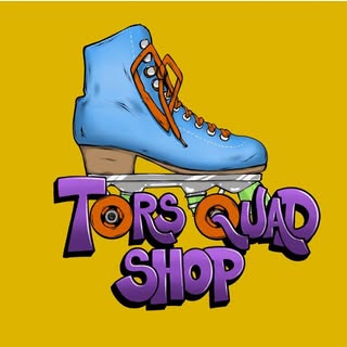 Tors Quad Shop logo, featuring a blue roller skate over the purple, all-caps words Tors Quad Shop. The O in Tors and the Q in Quad are the orange wheels of the skate. The logo has a mustard yellow background.