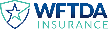 WFTDA Insurance Logo, featuring the dark blue word WFTDA over the teal, all-caps word insurance. To the left of the text is an icon of a dark blue and teal badge with a star in the middle.